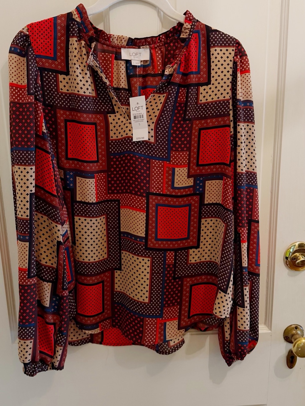 LOFT Red and Beige Geometric Print Long-Sleeve Blouse